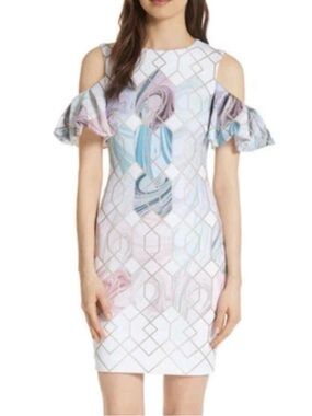 Ted Baker Pastel Cold-Shoulder Mini Dress - White, Light Blue, Pink